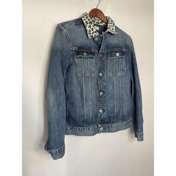 AllSaints Women's Small Blue Jean Denim Jacket Animal Print Corduroy Collar - Picture 2 of 5